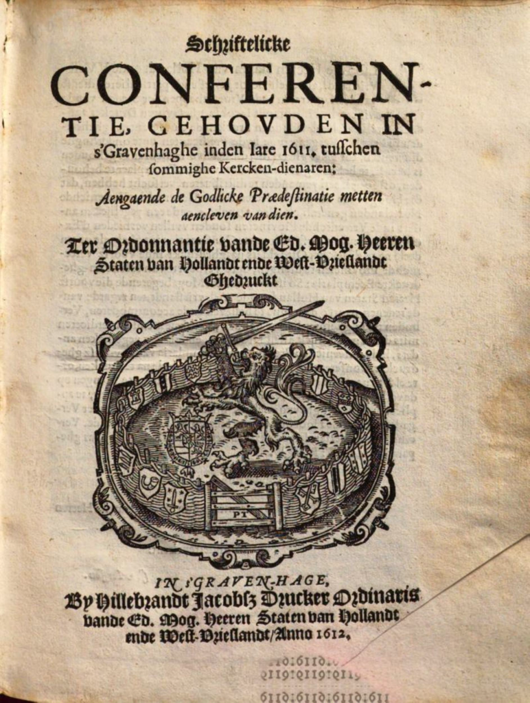 Frontispício histórico com a palavra Conferentie em destaque e um grande brasão na metade inferior da página.